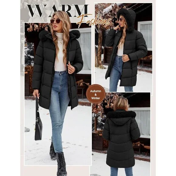 Women's Winter Warm Puffer Coat Thicken Parka Jacket with Removable Fur Hood, Wa